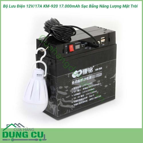 Bộ lưu điện 12V/17A KM-920 17.000mAh sạc bằng năng lượng mặt trời là một vật dụng đa chức năng được dùng làm nguồn sáng khi mất điện có thể mang theo trong các chuyến du lịch vừa có tính năng PIN sạc dự phòng(sạc cho điện thoại, máy tính bảng,…)