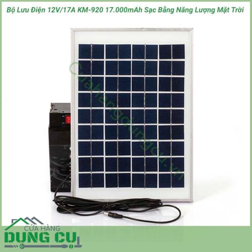 Bộ lưu điện 12V/17A KM-920 17.000mAh sạc bằng năng lượng mặt trời là một vật dụng đa chức năng được dùng làm nguồn sáng khi mất điện có thể mang theo trong các chuyến du lịch vừa có tính năng PIN sạc dự phòng(sạc cho điện thoại, máy tính bảng,…)