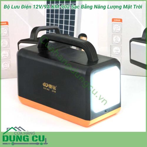 Bộ lưu điện 12V/9A KM-902 sạc bằng năng lượng mặt trời là một vật dụng đa chức năng được sử dụng cho các thiết bị điện, dùng làm nguồn sáng khi mất điện, có thể mang theo du lịch vừa có tính năng PIN sạc dự phòng(sạc cho điện thoại, máy tính bảng,…