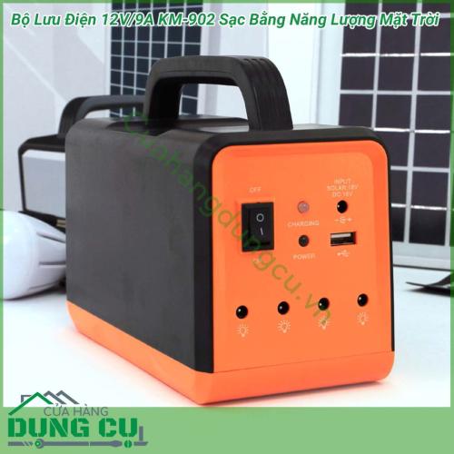 Bộ lưu điện 12V/9A KM-902 sạc bằng năng lượng mặt trời là một vật dụng đa chức năng được sử dụng cho các thiết bị điện, dùng làm nguồn sáng khi mất điện, có thể mang theo du lịch vừa có tính năng PIN sạc dự phòng(sạc cho điện thoại, máy tính bảng,…