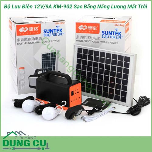 Bộ lưu điện 12V/9A KM-902 sạc bằng năng lượng mặt trời là một vật dụng đa chức năng được sử dụng cho các thiết bị điện, dùng làm nguồn sáng khi mất điện, có thể mang theo du lịch vừa có tính năng PIN sạc dự phòng(sạc cho điện thoại, máy tính bảng,…