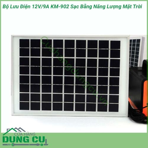 Bộ lưu điện 12V/9A KM-902 sạc bằng năng lượng mặt trời là một vật dụng đa chức năng được sử dụng cho các thiết bị điện, dùng làm nguồn sáng khi mất điện, có thể mang theo du lịch vừa có tính năng PIN sạc dự phòng(sạc cho điện thoại, máy tính bảng,…