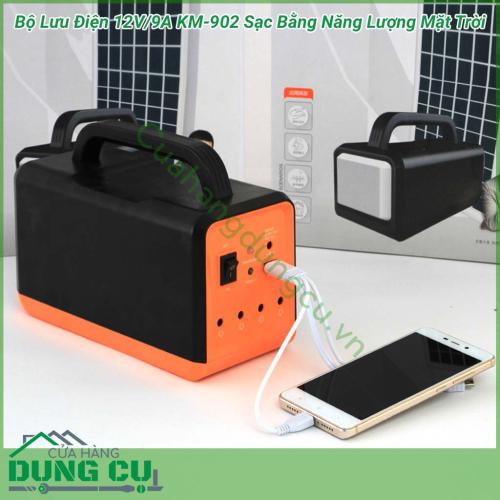 Bộ lưu điện 12V/9A KM-902 sạc bằng năng lượng mặt trời là một vật dụng đa chức năng được sử dụng cho các thiết bị điện, dùng làm nguồn sáng khi mất điện, có thể mang theo du lịch vừa có tính năng PIN sạc dự phòng(sạc cho điện thoại, máy tính bảng,…