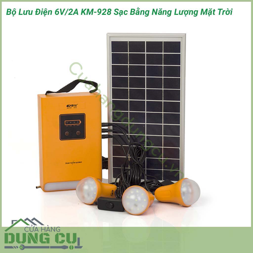 Bộ lưu điện 6V/2A KM-928 sạc bằng năng lượng mặt trời là một vật dụng đa chức năng được sử dụng cho các thiết bị điện, điện tử sử dụng nguồn 6V/2A, vừa dùng làm nguồn sáng thay thế cho gia đình khi mất điện vừa có tính năng PIN sạc dự phòng.