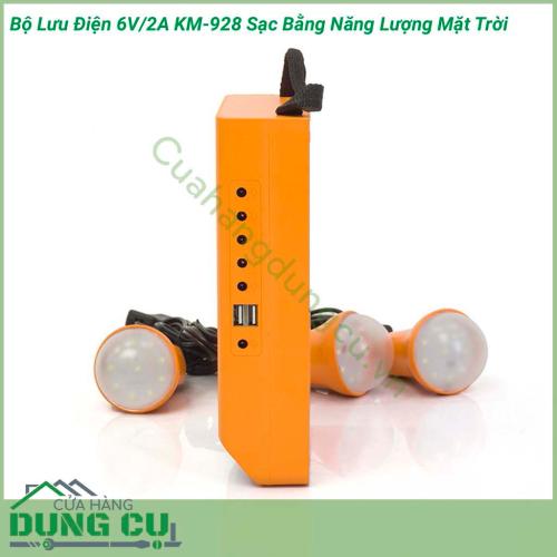 Bộ lưu điện 6V/2A KM-928 sạc bằng năng lượng mặt trời là một vật dụng đa chức năng được sử dụng cho các thiết bị điện, điện tử sử dụng nguồn 6V/2A, vừa dùng làm nguồn sáng thay thế cho gia đình khi mất điện vừa có tính năng PIN sạc dự phòng.