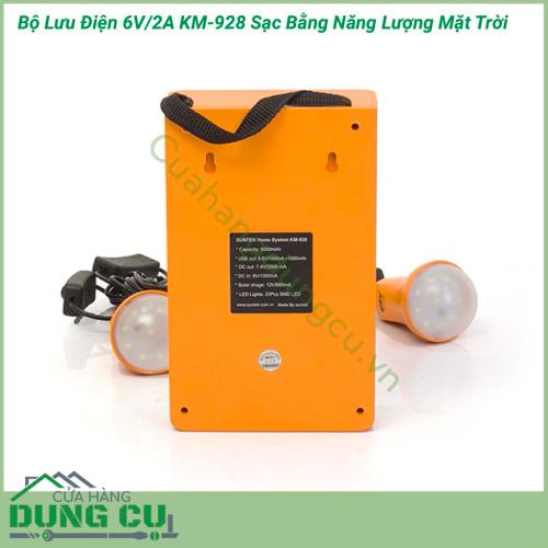 Bộ lưu điện 6V/2A KM-928 sạc bằng năng lượng mặt trời là một vật dụng đa chức năng được sử dụng cho các thiết bị điện, điện tử sử dụng nguồn 6V/2A, vừa dùng làm nguồn sáng thay thế cho gia đình khi mất điện vừa có tính năng PIN sạc dự phòng.