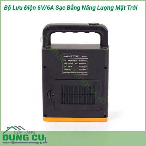 Bộ lưu điện 6V/6A sạc bằng năng lượng mặt trời là một vật dụng đa chức năng được sử dụng cho các thiết bị điện, điện tử sử dụng nguồn 6V, vừa dùng làm nguồn sáng thay thế cho gia đình khi mất điện vừa có tính năng PIN sạc dự phòng,...