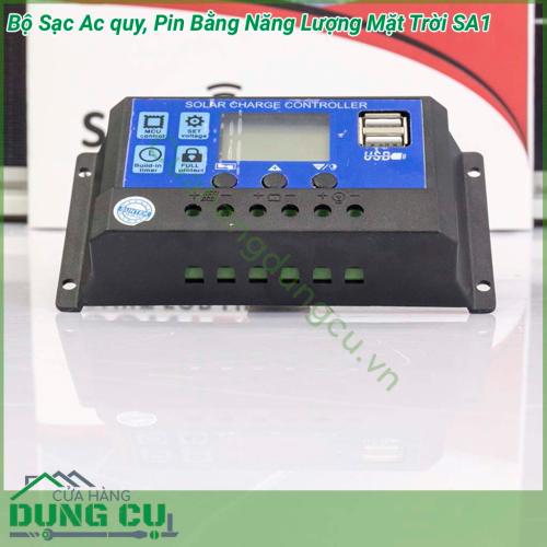 Bộ sạc ắc quy, pin bằng năng lượng mặt trời SA1 được thiết kế thực hiện chức năng điều tiết sạc cho ắc-quy, bảo vệ cho Acquy chống nạp quá tải và xả quá sâu nhằm nâng cao tuổi thọ của bình ắc-quy và giúp hệ thống pin mặt trời sử dụng hiệu quả và lâu dài .