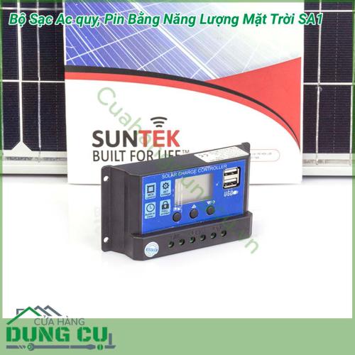 Bộ sạc ắc quy, pin bằng năng lượng mặt trời SA1 được thiết kế thực hiện chức năng điều tiết sạc cho ắc-quy, bảo vệ cho Acquy chống nạp quá tải và xả quá sâu nhằm nâng cao tuổi thọ của bình ắc-quy và giúp hệ thống pin mặt trời sử dụng hiệu quả và lâu dài .