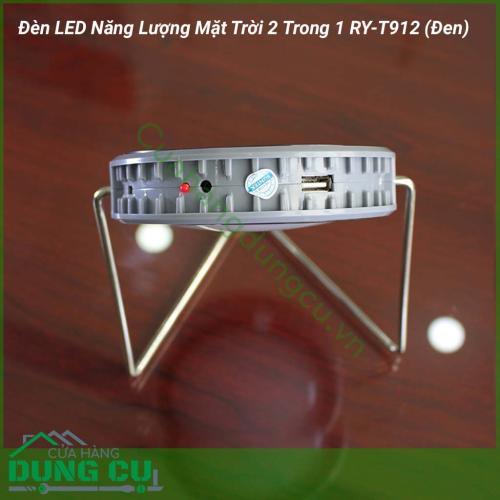 Đèn LED năng lượng mặt trời 2 trong 1 RY-T912 là một vật dụng đa chức năng vừa là dùng làm nguồn sáng thay thế cho gia đình khi mất điện, đặc biệt có tính năng PIN sạc dự phòng (sạc cho điện thoại, máy tính bảng,…). 