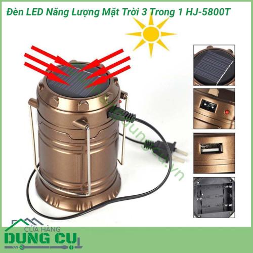 Đèn LED năng lượng mặt trời 3 trong 1 HJ-5800T vừa dùng làm đèn PIN,  vừa dùng làm nguồn sáng thay thế cho gia đình khi mất điện, du lịch hoặc dã ngoại,… đặc biệt có tính năng PIN sạc dự phòng (sạc cho điện thoại, máy tính bảng,…).