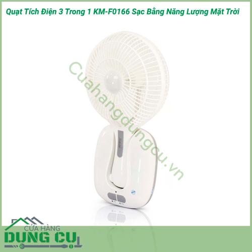 Quạt tích điện sạc bằng năng lượng mặt trời KM-F0166 là một thiết bị có thể sử dụng khi bị mất điện, có một chiếc đèn ngủ, có thể sạc pin. Quạt tích điện là một dụng cụ hữu ích cho những ngày nóng bức và bị mất điện đột xuất.