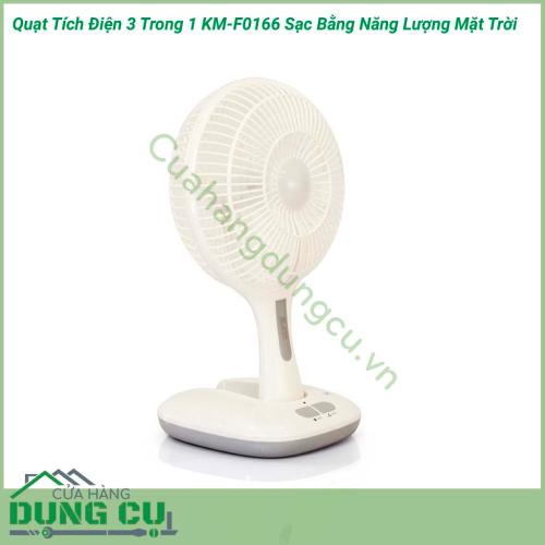 Quạt tích điện sạc bằng năng lượng mặt trời KM-F0166 là một thiết bị có thể sử dụng khi bị mất điện, có một chiếc đèn ngủ, có thể sạc pin. Quạt tích điện là một dụng cụ hữu ích cho những ngày nóng bức và bị mất điện đột xuất.