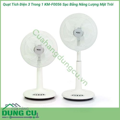 Quạt tích điện 3 trong 1 KM-F0056 sạc bằng năng lượng mặt trời là một thiết bị được thiết kế giúp bạn sinh hoạt bình thường khi bị mất điện. Ngoài một chiếc quạt với tốc độ quay mạnh tạo không khí mát mẻ còn có một chiếc đèn ngủ, kiêm PIN sạc dự phòng.