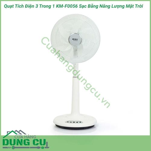 Quạt tích điện 3 trong 1 KM-F0056 sạc bằng năng lượng mặt trời là một thiết bị được thiết kế giúp bạn sinh hoạt bình thường khi bị mất điện. Ngoài một chiếc quạt với tốc độ quay mạnh tạo không khí mát mẻ còn có một chiếc đèn ngủ, kiêm PIN sạc dự phòng.