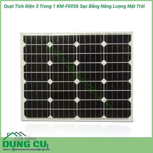 Quạt tích điện 3 trong 1 KM-F0056 sạc bằng năng lượng mặt trời là một thiết bị được thiết kế giúp bạn sinh hoạt bình thường khi bị mất điện. Ngoài một chiếc quạt với tốc độ quay mạnh tạo không khí mát mẻ còn có một chiếc đèn ngủ, kiêm PIN sạc dự phòng.