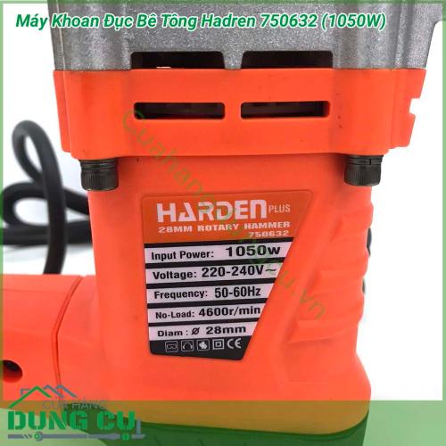 Máy khoan đục bê tông Harden 750632 (1050W) nhỏ gọn,dễ dàng mang ra ngoài trời, sử dụng trong thời gian dài mà vẫn hạn chế việc mỏi tay. Phù hợp cho các công việc như đục tường, bê tông tảng lớn, tường gạch...