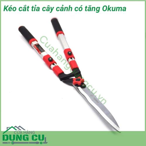 Kéo cắt tỉa hàng rào cây cảnh cán tăng Okuma phục vụ công việc cắt tỉa hàng rào bãi cỏ tạo dáng cây xanh, hỗ trợ bạn trong công việc làm vườn một cách hiệu quả. Mẫu kéo có thể thu ngắn hoặc vươn dài rất tiện lợi để cắt tầm xa tầm cao mà không phải với. 