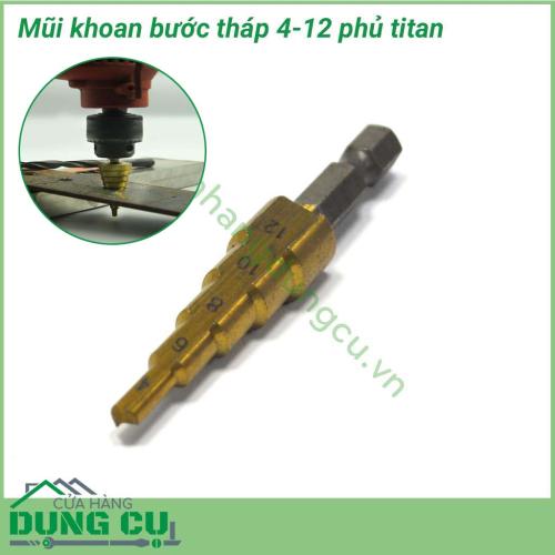 Mũi khoan bước 4-12mm phủ titan chuôi lục giác được làm từ thép gió HSS 4241 và xử lý bề mặt bằng cách phủ titanium nitri tăng độ bền phù hợp cho nhu cầu khoan tấm mỏng hơn 4mm trong gia đình trên các vật liệu gỗ, mi ca, alu, thép đen, thép hìn,...