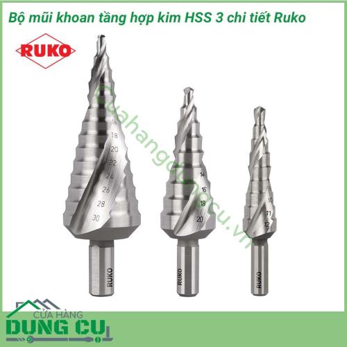 Bộ 3 mũi khoan tầng hợp kim HSS Ruko 101026 được thiết kế hình nón gồm nhiều đường kính trên cùng 1 mũi khoan. Ưu điểm khoan được nhiều lỗ có đường kính khác nhau trên cùng một mũi khoan mà không phải thay thế mũi nên tiết kiệm được rất nhiều thời gian.