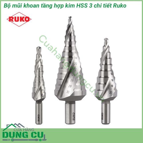 Bộ 3 mũi khoan tầng hợp kim HSS Ruko 101026 được thiết kế hình nón gồm nhiều đường kính trên cùng 1 mũi khoan. Ưu điểm khoan được nhiều lỗ có đường kính khác nhau trên cùng một mũi khoan mà không phải thay thế mũi nên tiết kiệm được rất nhiều thời gian.