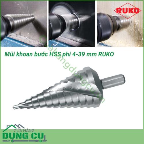 Mũi khoan bước HSS phi 4-39 mm RUKO 101056 được thiết kế hình nón gồm nhiều đường kính trên cùng 1 mũi khoan. Có thể khoan được nhiều lỗ có đường kính khác nhau trên cùng một mũi khoan mà không phải thay thế mũi nên tiết kiệm được rất nhiều thời gian.