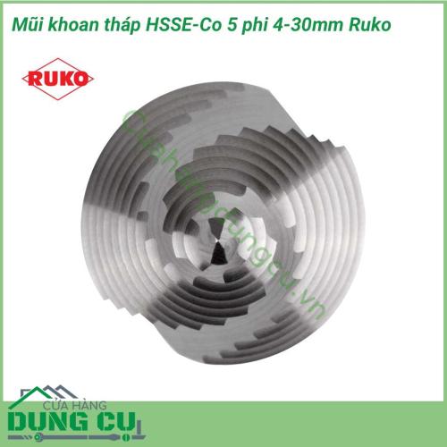 Mũi khoan tháp HSSE-Co 5 phi 4-30mm Ruko 101052 được thiết kế hình nón gồm nhiều đường kính trên cùng 1 mũi khoan. Ưu điểm khoan được nhiều lỗ có đường kính khác nhau trên cùng một mũi khoan mà không phải thay thế mũi.