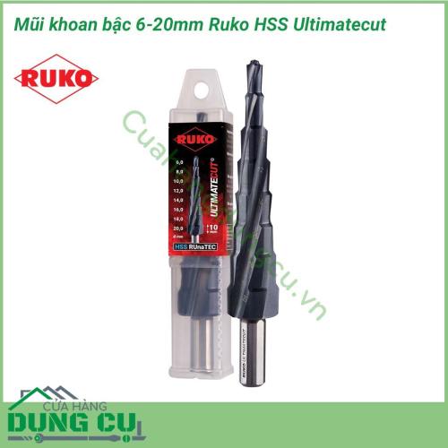 Mũi khoan bậc Ruko 6-20mm HSS ULTIMATECUT 101083P là một sản phẩm cao cấp đến từ Đức được phủ nano có độ cứng cực cao RUnaTEC. Khoan được đa dạng các loại vật liệu như: kim loại| và phi kim loại . Mũi có khả độ cứng và khả năng chịu nhiệt cực cao.