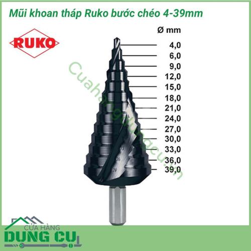 Mũi khoan tháp Ruko bước chéo 4-39mm 101056F gồm 13 bước bền bỉ và bề mặt mũi khoan dạng xoắn ốc và chia bước. Vật liệu phù hợp để sử dụng với mũi khoan tháp này là các tấm vật liệu sắt, đồng, đồng thau, nhôm, tấm nhựa, tấm cách nhiệt, tấm gỗ... 