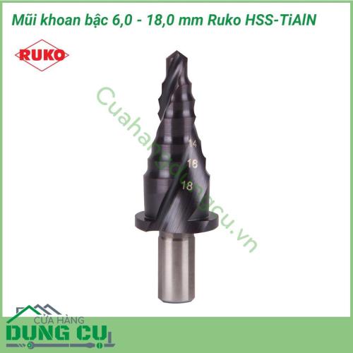 Mũi khoan bậc Ruko 6-18mm thép HSS-TiAlN 101068F-1 là một mũi khoan bước thẳng với 1 mũi khoan tạo được nhiều cỡ lỗ khác nhau từ 6-18 mm. Một mũi khoan bước có thể thay thế cho nhiều mũi khoan đường kính khác nhau.