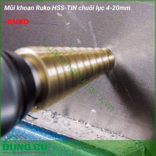 Mũi khoan Ruko HSS-TiN chuôi lục 4-20mm 101051TH là mũi khoan tháp được chế tạo  bằng vật liệu thép gió HSS phủ TiN đạt HRC 63 hoàn toàn dễ dàng khoan inox. Với thiết kế chuyên dụng giúp thao tác khoan trở lên nhanh, thuận tiện và cực kỳ chính xác. 