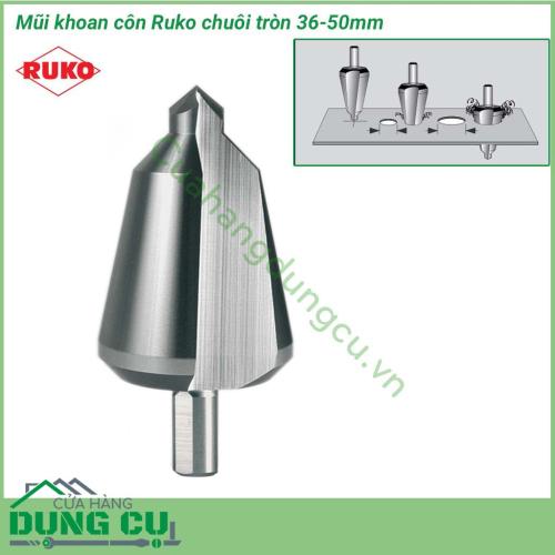 Mũi khoan côn Ruko thép HSS 36-50MM 101005 được làm bằng vật liệu thép gió HSS, CBN ground chuyên khoan chuyên khoan tấm thép không gỉ (HRC < 28 ) giúp bạn tạo các lỗ tròn có đường kính bất kỳ trong dải 36-50mm