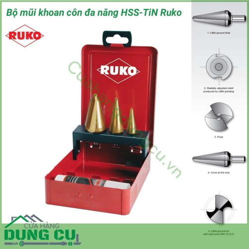 Hộp mũi khoan côn đa năng HSS-TiN Ruko 101020T được làm bằng vật liệu thép HSS có khả năng chịu được độ cứng cao, phù hợp cho thép thông thường, kim loại mềm, kim loại sáng. Bề mặt được phủ thêm Nito – Titan làm tăng độ cứng bề mặt lên xấp xỉ 2300HV. 