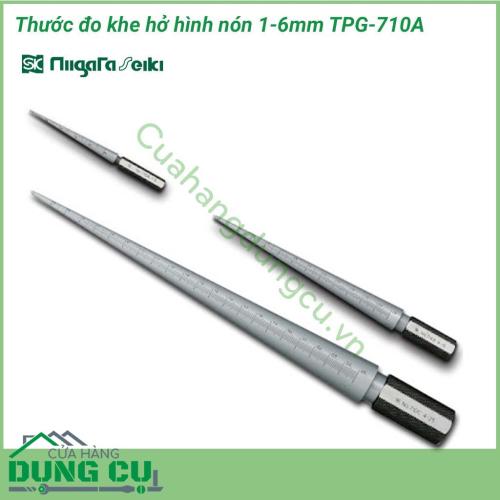 Thước đo khe hở hình nón 1-6mm TPG-710A hay còn gọi là thước căn lá đo khe hở trong phạm vi rất nhỏ từ 1~6mm với độ chính xác cao ±0.05mm. Thước được làm bằng chất liệu thép SK có độ cứng cao, không bị mài mòn và gỉ sét sau thời gian dài sử dụng. 