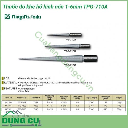 Thước đo khe hở hình nón 1-6mm TPG-710A hay còn gọi là thước căn lá đo khe hở trong phạm vi rất nhỏ từ 1~6mm với độ chính xác cao ±0.05mm. Thước được làm bằng chất liệu thép SK có độ cứng cao, không bị mài mòn và gỉ sét sau thời gian dài sử dụng. 