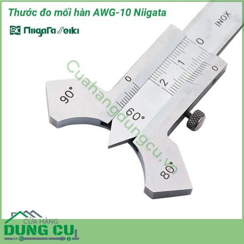 Thước đo mối hàn AWG-10 Niigata. Thước dạng cơ khí, điều chỉnh hành trình thước bằng vít. Thước thích hợp cho cả đo đường hàn trên mặt phẳng và trong góc vuông