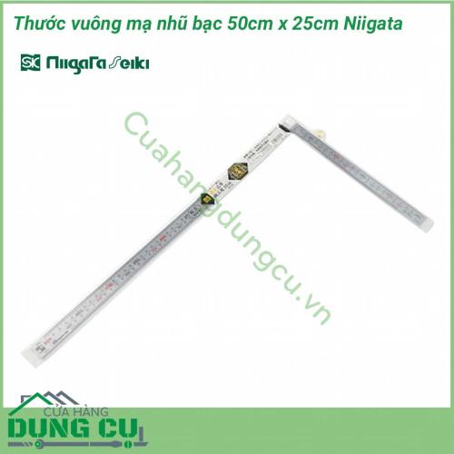 Thước vuông mạ nhũ bạc 50cm x 25cm Niigata được làm bằng chất liệu inox phủ Satin. Vạch chia rõ ràng, dễ đọc, chính xác, bề mặt phủ satin bóng đẹp, có lỗ treo dễ bảo quản. Thước vuông dùng đo kích thước và đánh dấu trong ngành mộc, nhôm kính,..