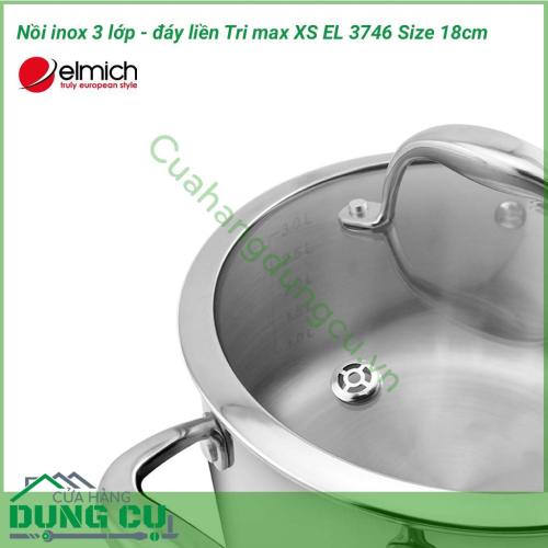 Nồi inox 3 lớp cao cấp đáy liền Tri max XS EL 3746 size 18cm được làm bằng chất liệu cao cấp với lớp trong cùng là inox 304 tiêu chuẩn dành riêng cho thực phẩm, không gỉ, chống bám bẩn tối ưu, an toàn cho sức khỏe. 