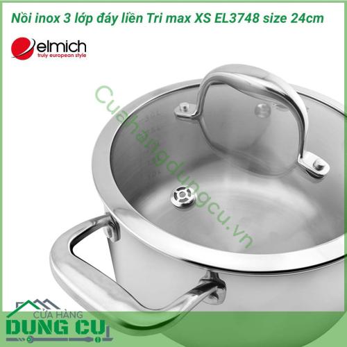 Nồi inox 3 lớp cao cấp đáy liền Tri max XS EL3748 size 24cm được làm bằng chất liệu cao cấp với lớp trong cùng là inox 304 tiêu chuẩn dành riêng cho thực phẩm, không gỉ, chống bám bẩn tối ưu, an toàn cho sức khỏe.