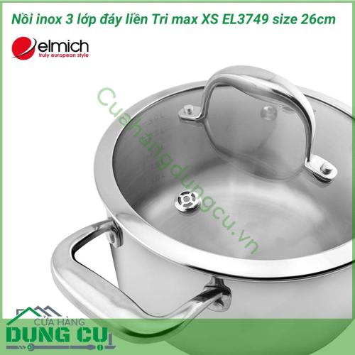 Nồi inox 3 lớp cao cấp đáy liền Tri max XS EL3749 size 26cm được làm bằng chất liệu cao cấp với lớp trong cùng là inox 304 tiêu chuẩn dành riêng cho thực phẩm, không gỉ, chống bám bẩn tối ưu, an toàn cho sức khỏe.