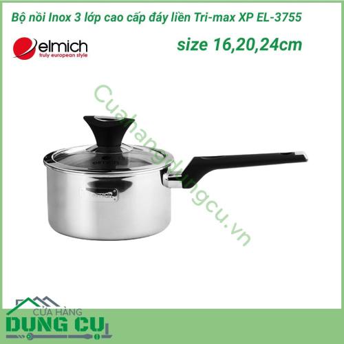 Bộ nồi Inox 3 lớp cao cấp đáy liền Tri-max XP EL-3755 size 16,20,24cm được làm bằng chất liệu inox cao cấp dành riêng cho thực phẩm. Inox 304 hoàn toàn không phản ứng với thức ăn, có khả năng chống bám bẩn tối ưu và tuyệt đối an toàn cho sức khỏe