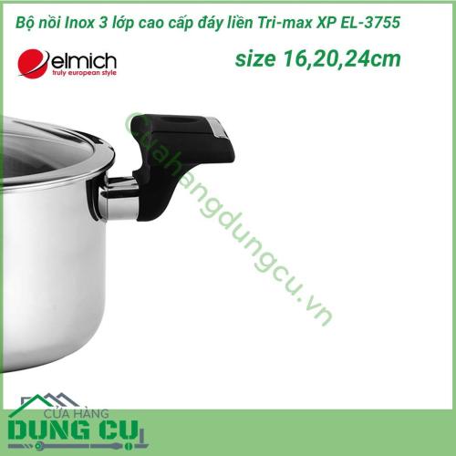 Bộ nồi Inox 3 lớp cao cấp đáy liền Tri-max XP EL-3755 size 16,20,24cm được làm bằng chất liệu inox cao cấp dành riêng cho thực phẩm. Inox 304 hoàn toàn không phản ứng với thức ăn, có khả năng chống bám bẩn tối ưu và tuyệt đối an toàn cho sức khỏe