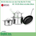 Bộ nồi chảo inox cao cấp 3 lớp Tri-Max 4 chiếc size 18cm, 20cm, 26cm và chảo 26cm