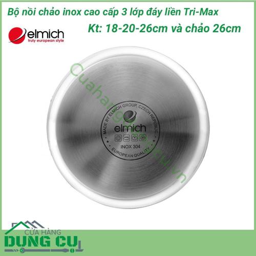 Bộ nồi chảo inox cao cấp 3 lớp Tri-Max 4 chiếc size 18cm, 20cm, 26cm và chảo 26cm được làm bằng chất liệu cao cấp, lớp trong cùng là inox 304 tiêu chuẩn dành cho thực phẩm, không gỉ, chống bám bẩn tối ưu, tuyệt đối an toàn cho sức khỏe, dễ dàng vệ sinh.