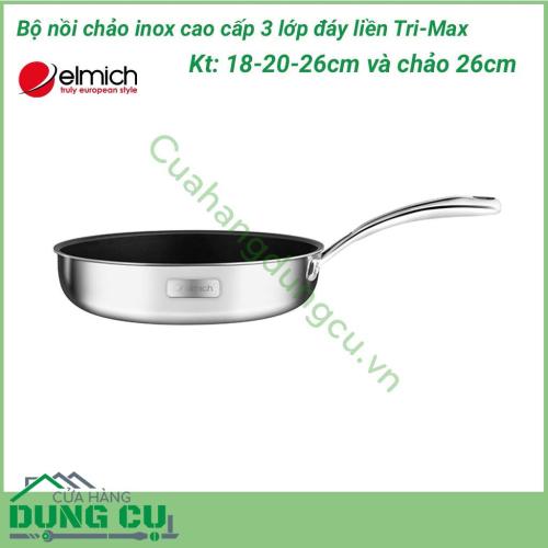 Bộ nồi chảo inox cao cấp 3 lớp Tri-Max 4 chiếc size 18cm, 20cm, 26cm và chảo 26cm được làm bằng chất liệu cao cấp, lớp trong cùng là inox 304 tiêu chuẩn dành cho thực phẩm, không gỉ, chống bám bẩn tối ưu, tuyệt đối an toàn cho sức khỏe, dễ dàng vệ sinh.