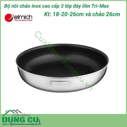 Bộ nồi chảo inox cao cấp 3 lớp Tri-Max 4 chiếc size 18cm, 20cm, 26cm và chảo 26cm được làm bằng chất liệu cao cấp, lớp trong cùng là inox 304 tiêu chuẩn dành cho thực phẩm, không gỉ, chống bám bẩn tối ưu, tuyệt đối an toàn cho sức khỏe, dễ dàng vệ sinh.