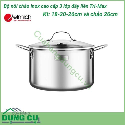 Bộ nồi chảo inox cao cấp 3 lớp Tri-Max 4 chiếc size 18cm, 20cm, 26cm và chảo 26cm được làm bằng chất liệu cao cấp, lớp trong cùng là inox 304 tiêu chuẩn dành cho thực phẩm, không gỉ, chống bám bẩn tối ưu, tuyệt đối an toàn cho sức khỏe, dễ dàng vệ sinh.