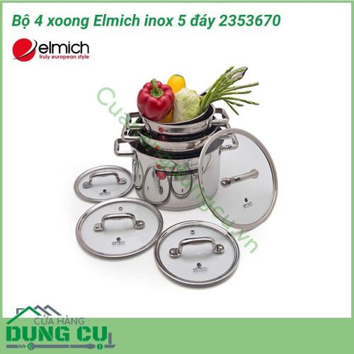 Bộ 4 xoong Elmich inox 5 đáy 2353670 được thiết kế hiện đại, kiểu dáng sang trọng, phù hợp với không gian bếp hiện đại của gia đình bạn. Bộ sản phẩm được cấu tạo với 5 lớp đáy chắc chắn, bền bỉ, đảm bảo cho việc sử dụng lâu dài.