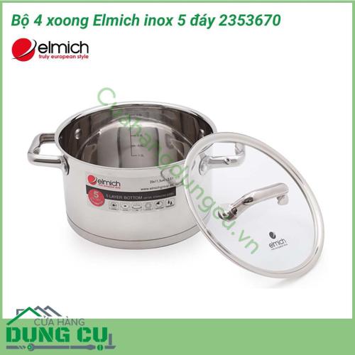 Bộ 4 xoong Elmich inox 5 đáy 2353670 được thiết kế hiện đại, kiểu dáng sang trọng, phù hợp với không gian bếp hiện đại của gia đình bạn. Bộ sản phẩm được cấu tạo với 5 lớp đáy chắc chắn, bền bỉ, đảm bảo cho việc sử dụng lâu dài.