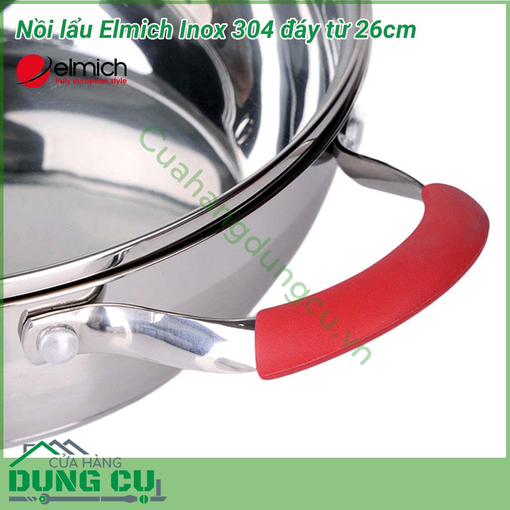 Nồi lẩu Elmich Inox 304 đáy từ 26cm được làm bằng inox 304 không phản ứng với thức ăn, không thôi nhiễm ra các chất có hại cho sức khỏe.